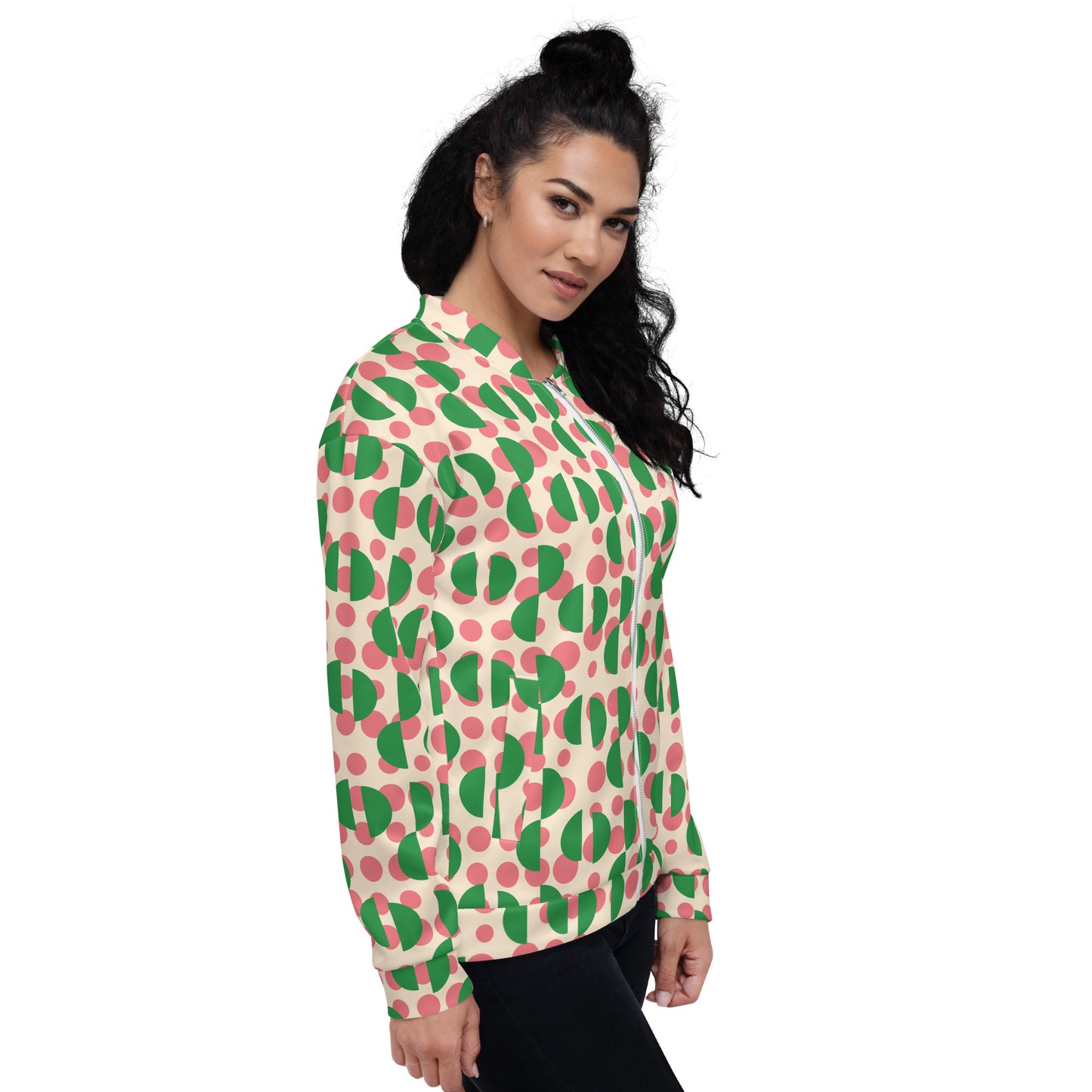 All-Over Print Unisex Pink Retro Polka & Green Semi-Circles Bomber Jacket for Woman