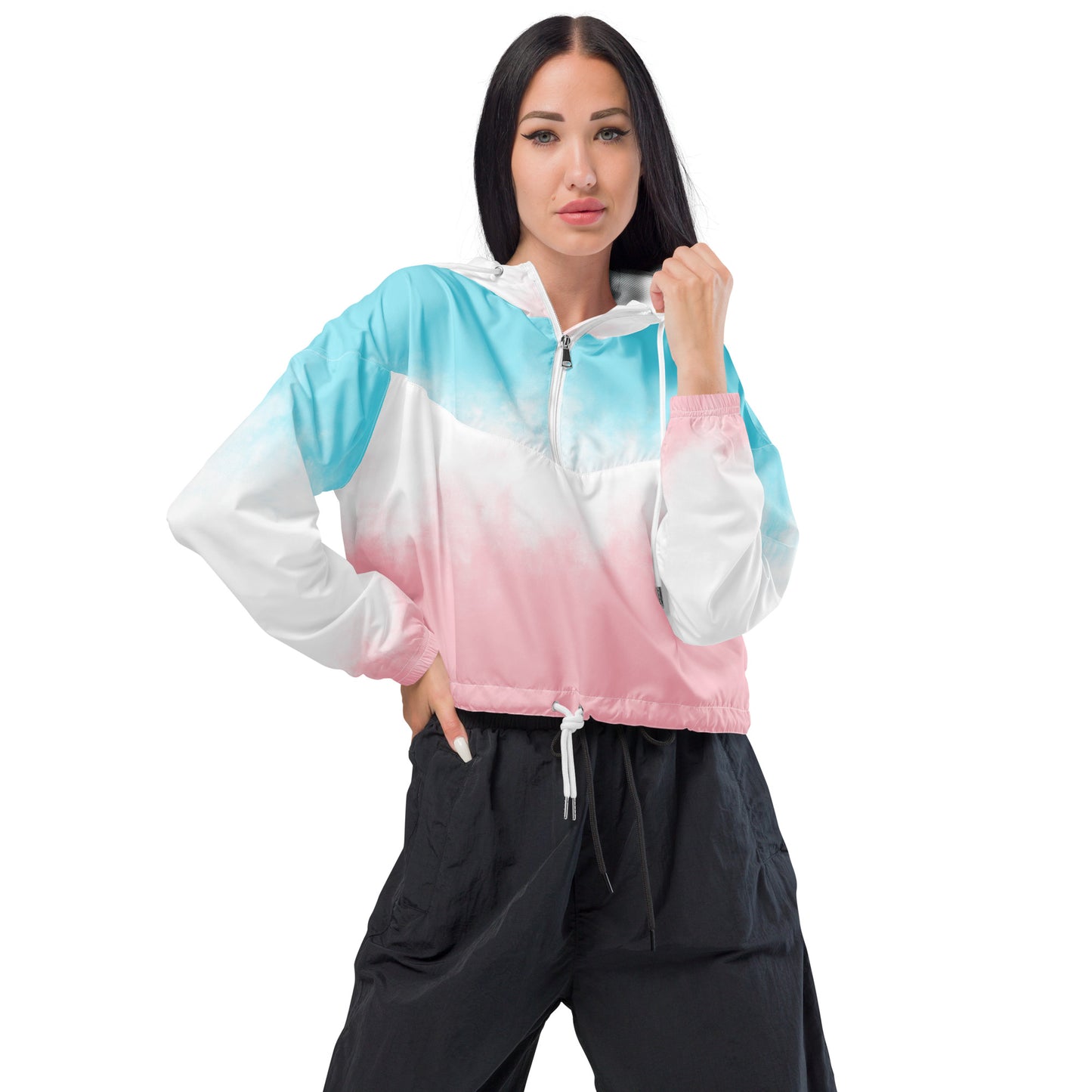Women’s cropped windbreaker Pink and Light Blue with White Sky