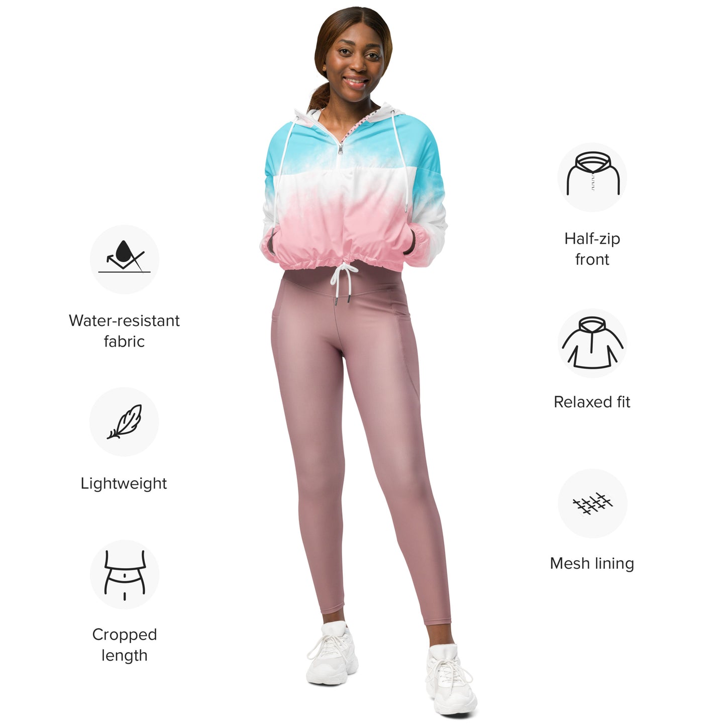 Women’s cropped windbreaker Pink and Light Blue with White Sky