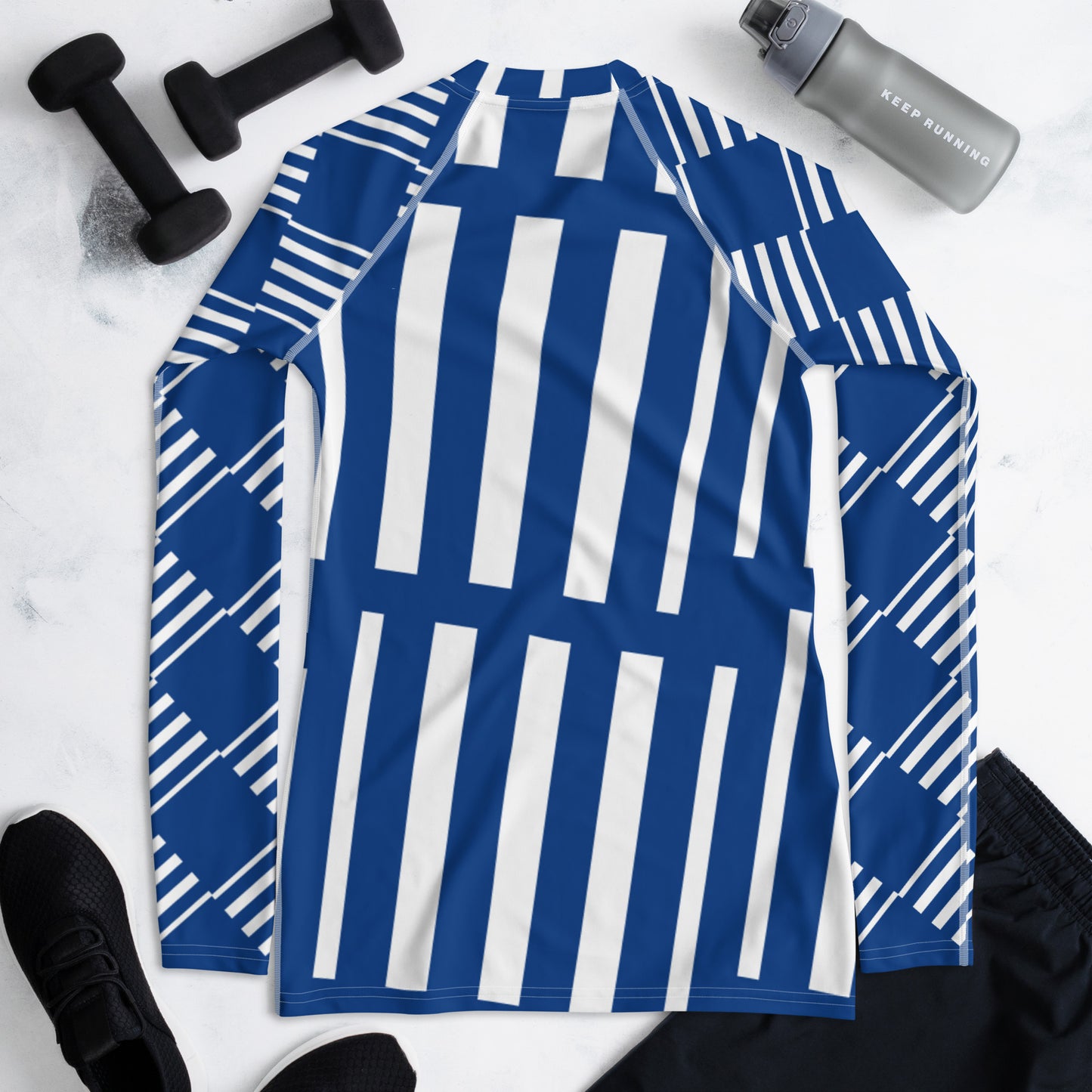 All-Over Print Women's Rash Guard Love Pattern Stripes Vertical Dark Cerulean