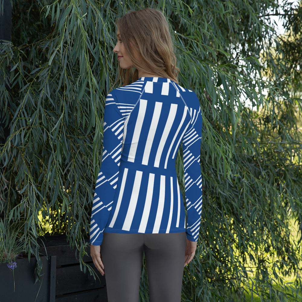 All-Over Print Women's Rash Guard Love Pattern Stripes Vertical Dark Cerulean