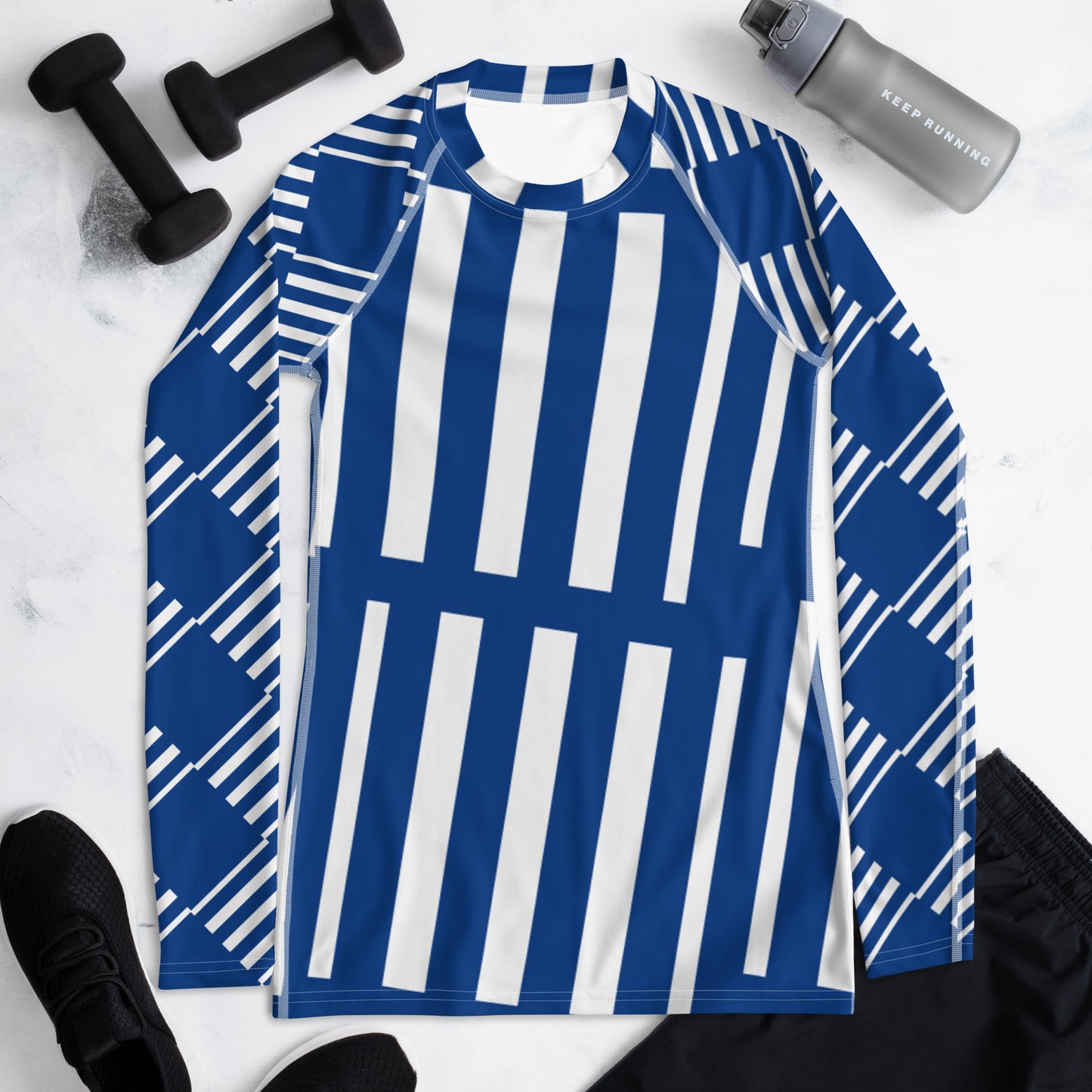 All-Over Print Women's Rash Guard Love Pattern Stripes Vertical Dark Cerulean