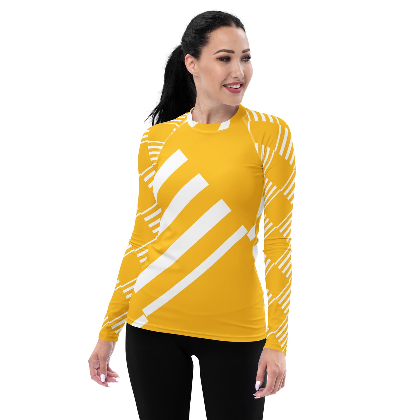 All-Over Print Women's Rash Guard Love Pattern Stripes Yellow