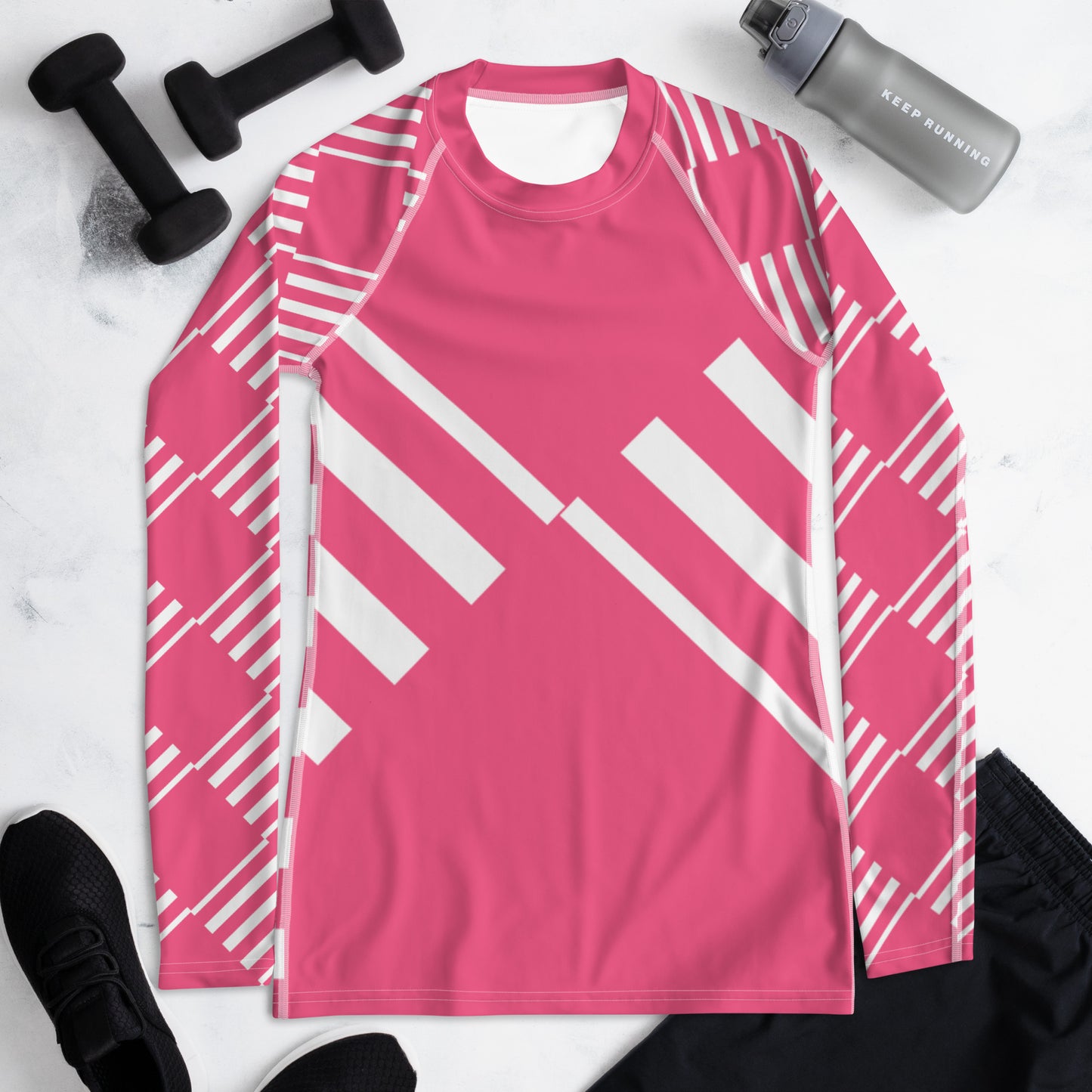 All-Over Print Women's Rash Guard Love Pattern Stripes Brink Pink