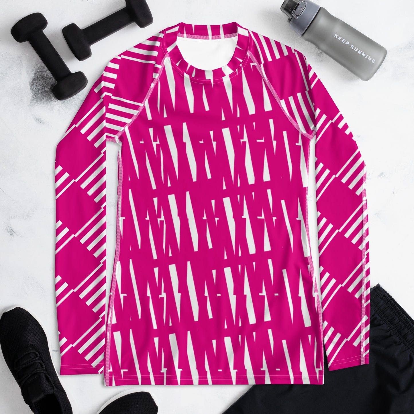 All-Over Print Women's Rash Guard Love Pattern Stripes Medium Violet Red
