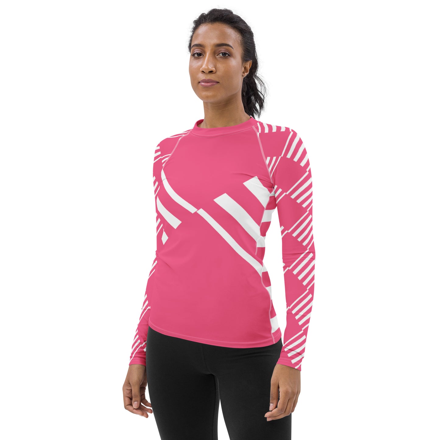 All-Over Print Women's Rash Guard Love Pattern Stripes Brink Pink