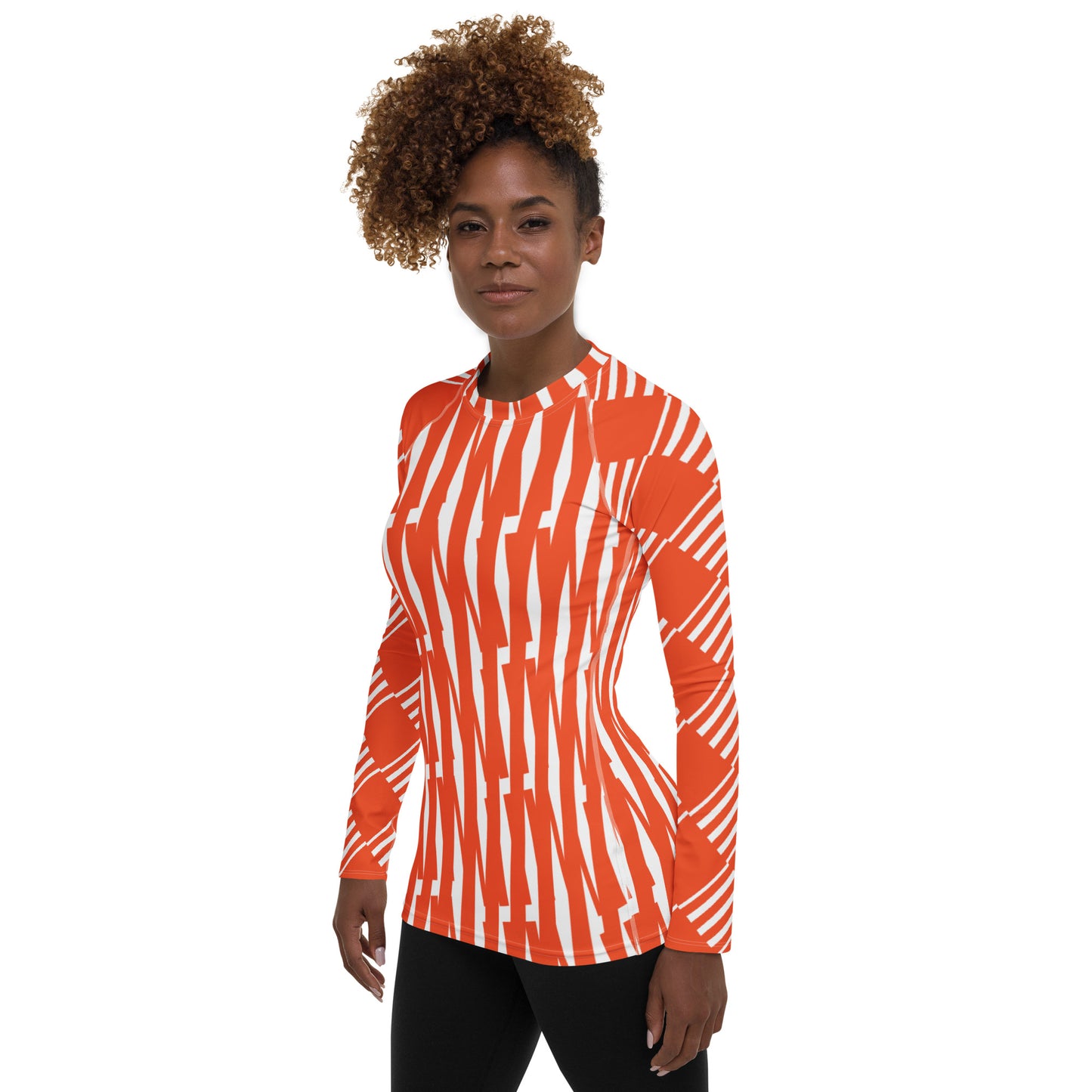 All-Over Print Women's Rash Guard Love Pattern Stripes Outrageous Orange