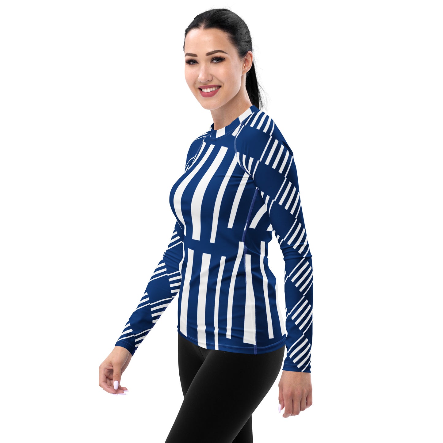 All-Over Print Women's Rash Guard Love Pattern Stripes Vertical Dark Cerulean