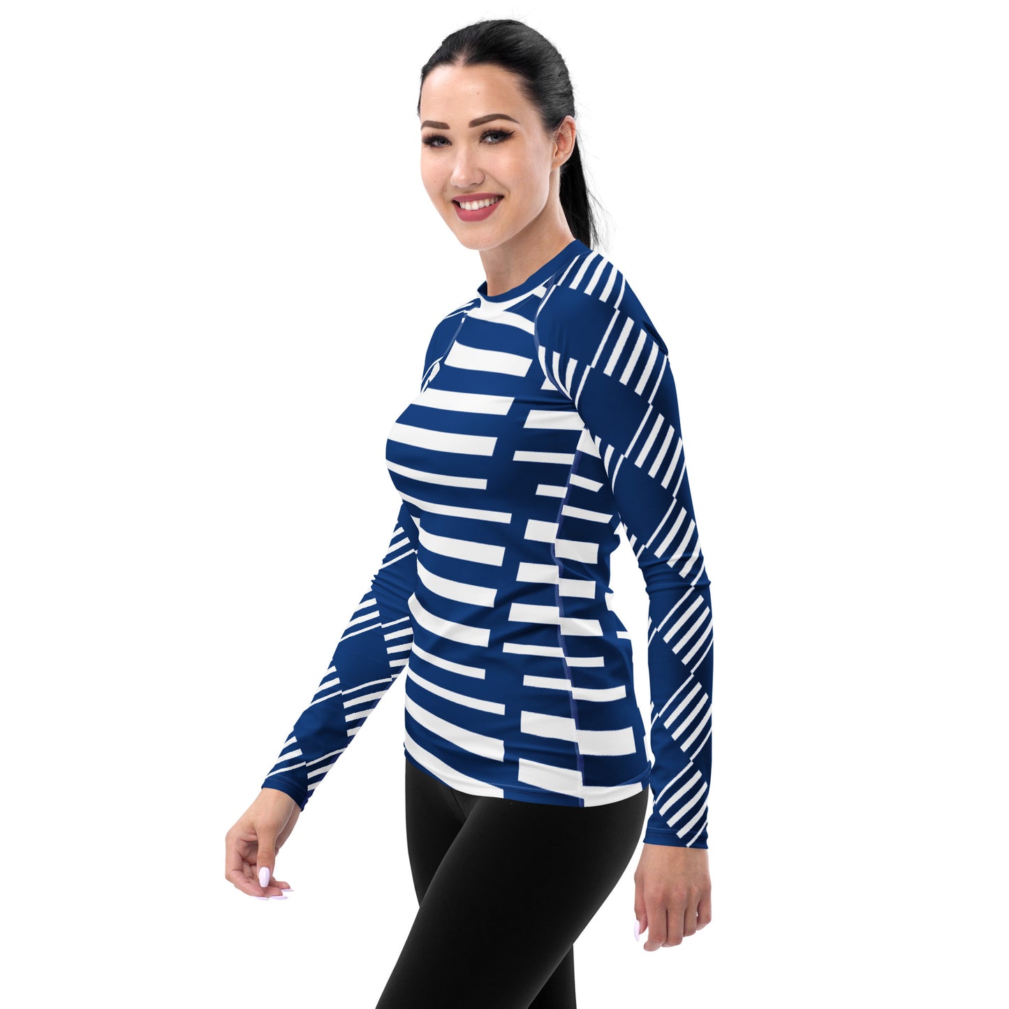 All-Over Print Women's Rash Guard Love Pattern Stripes Horizon Dark Cerulean