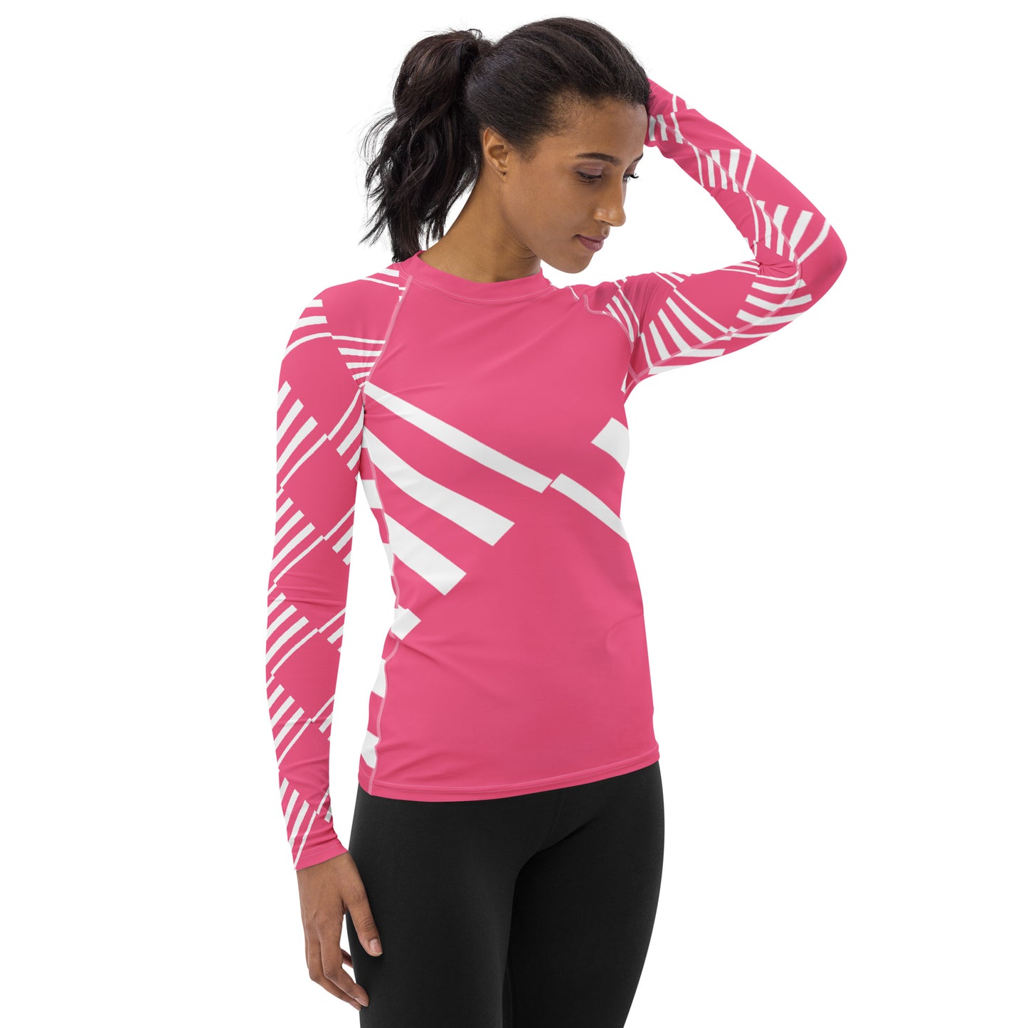 All-Over Print Women's Rash Guard Love Pattern Stripes Brink Pink