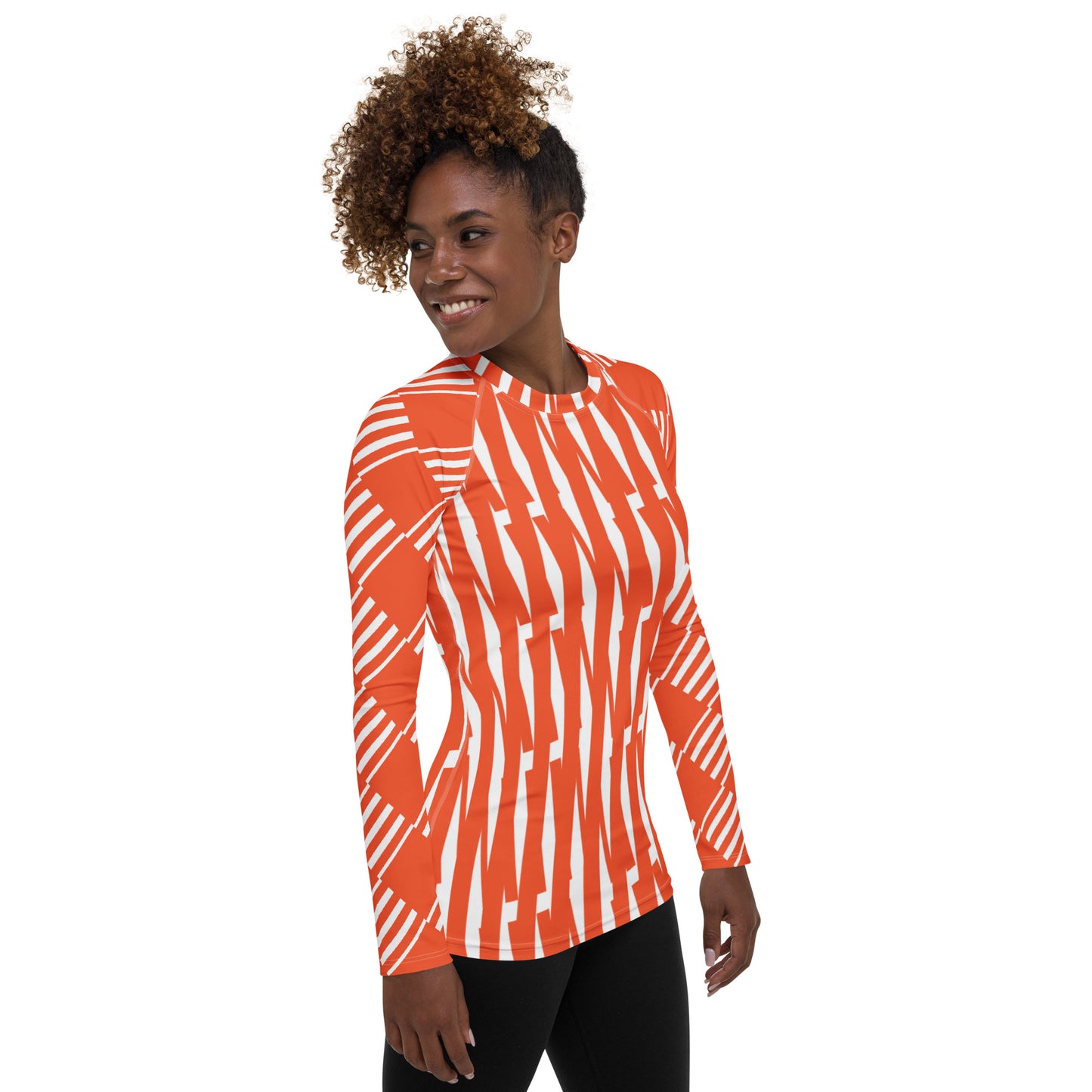 All-Over Print Women's Rash Guard Love Pattern Stripes Outrageous Orange
