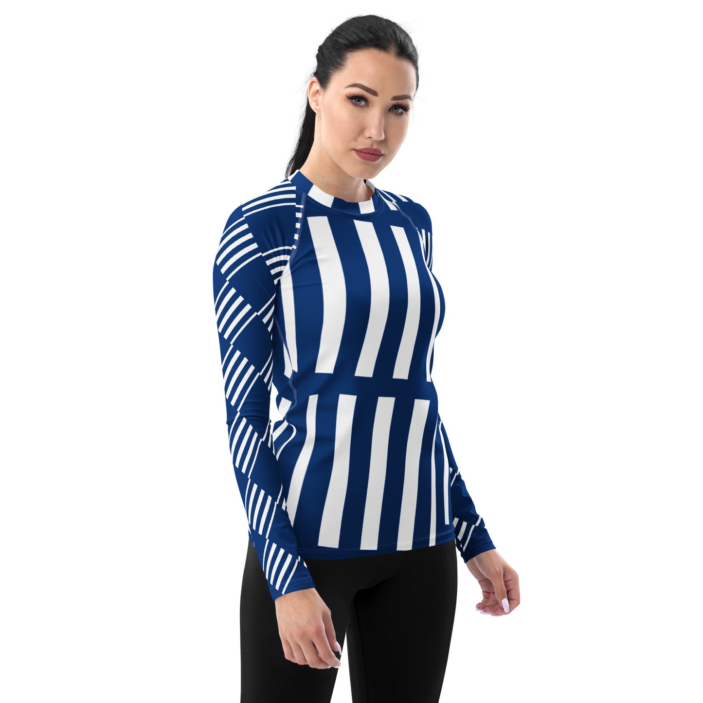 All-Over Print Women's Rash Guard Love Pattern Stripes Vertical Dark Cerulean
