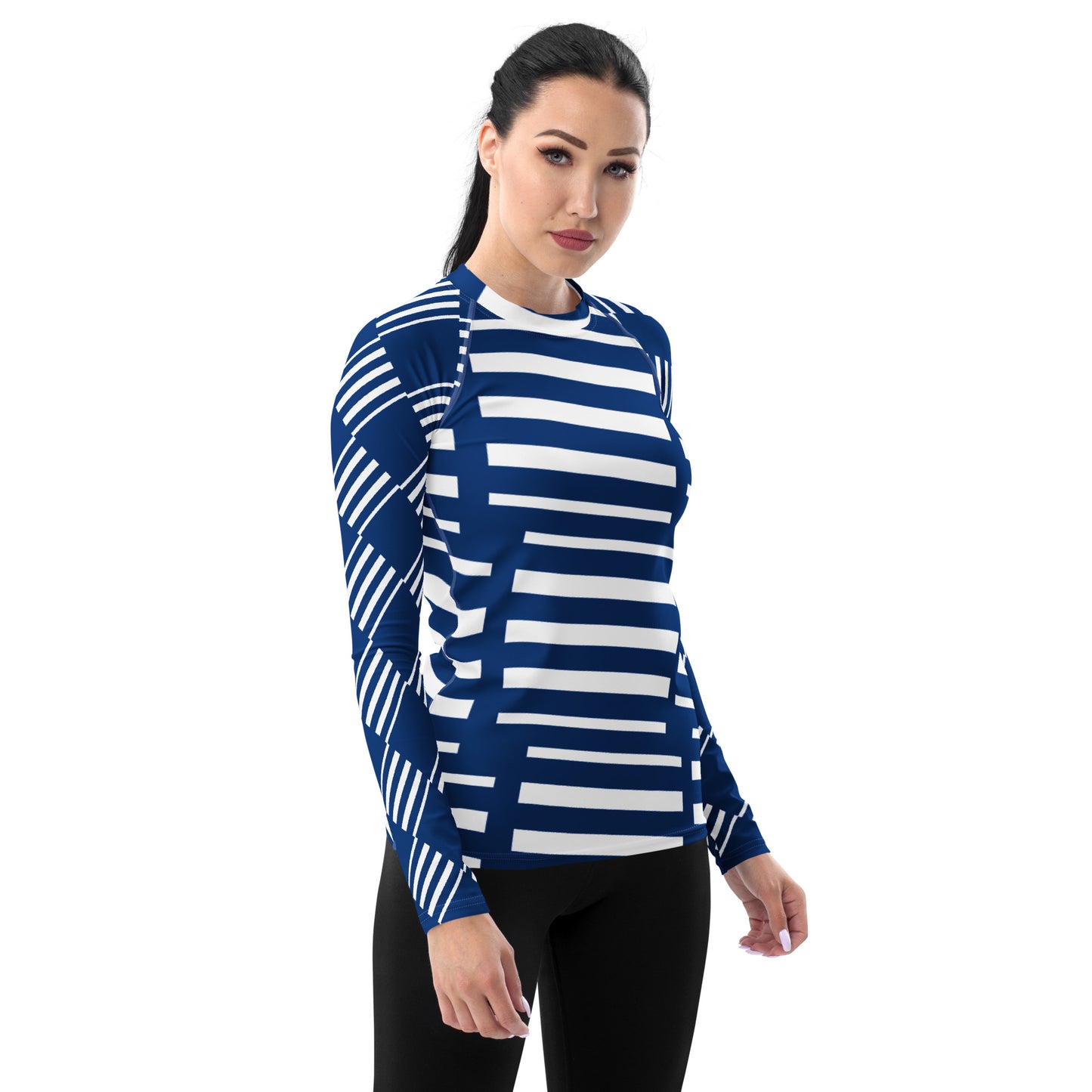 All-Over Print Women's Rash Guard Love Pattern Stripes Horizon Dark Cerulean