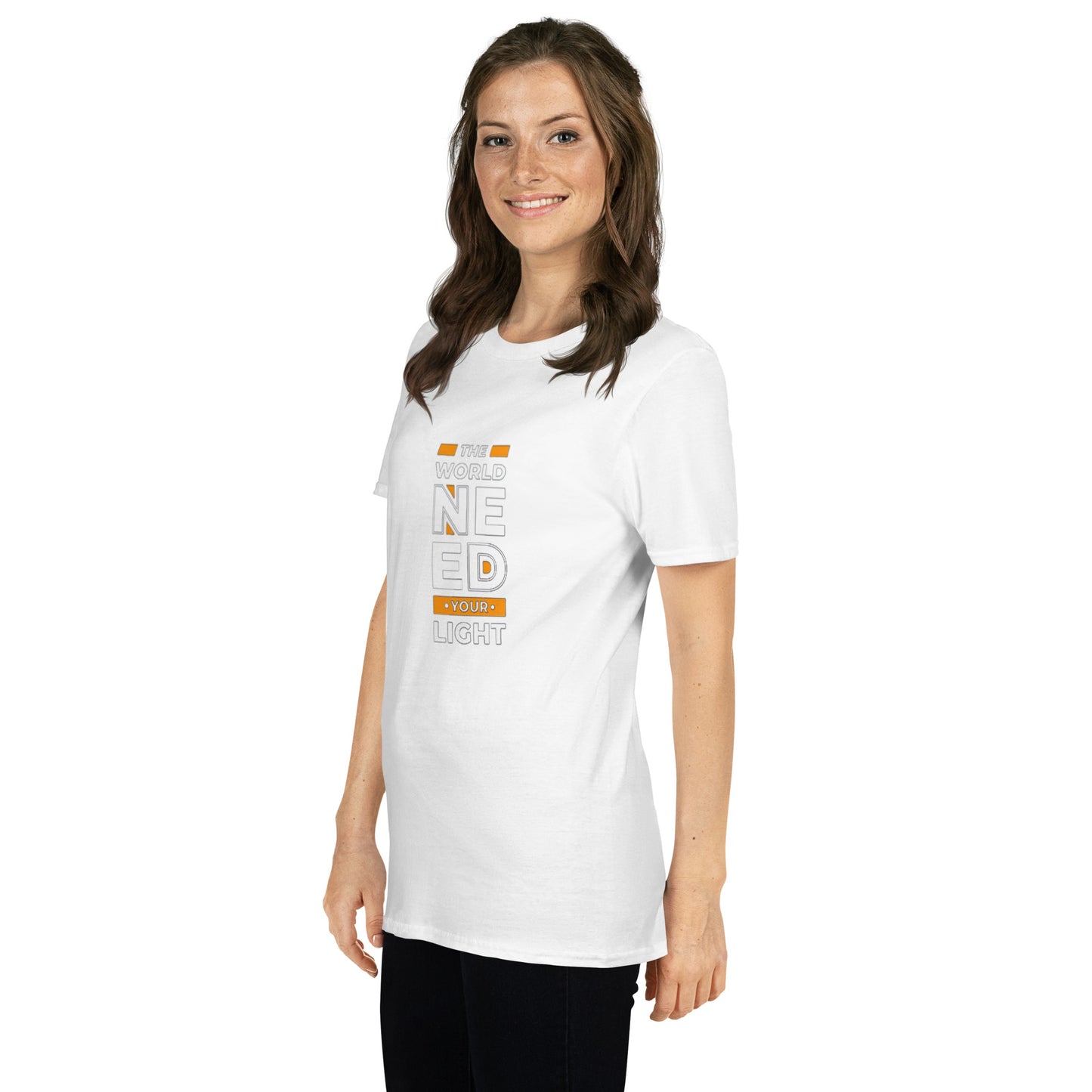 a woman in a white shirt holding a cell phone