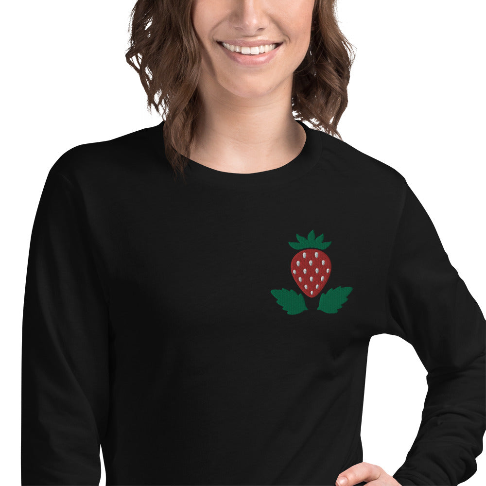 Unisex Long Sleeve Tee Strawberry Embroidery for Woman