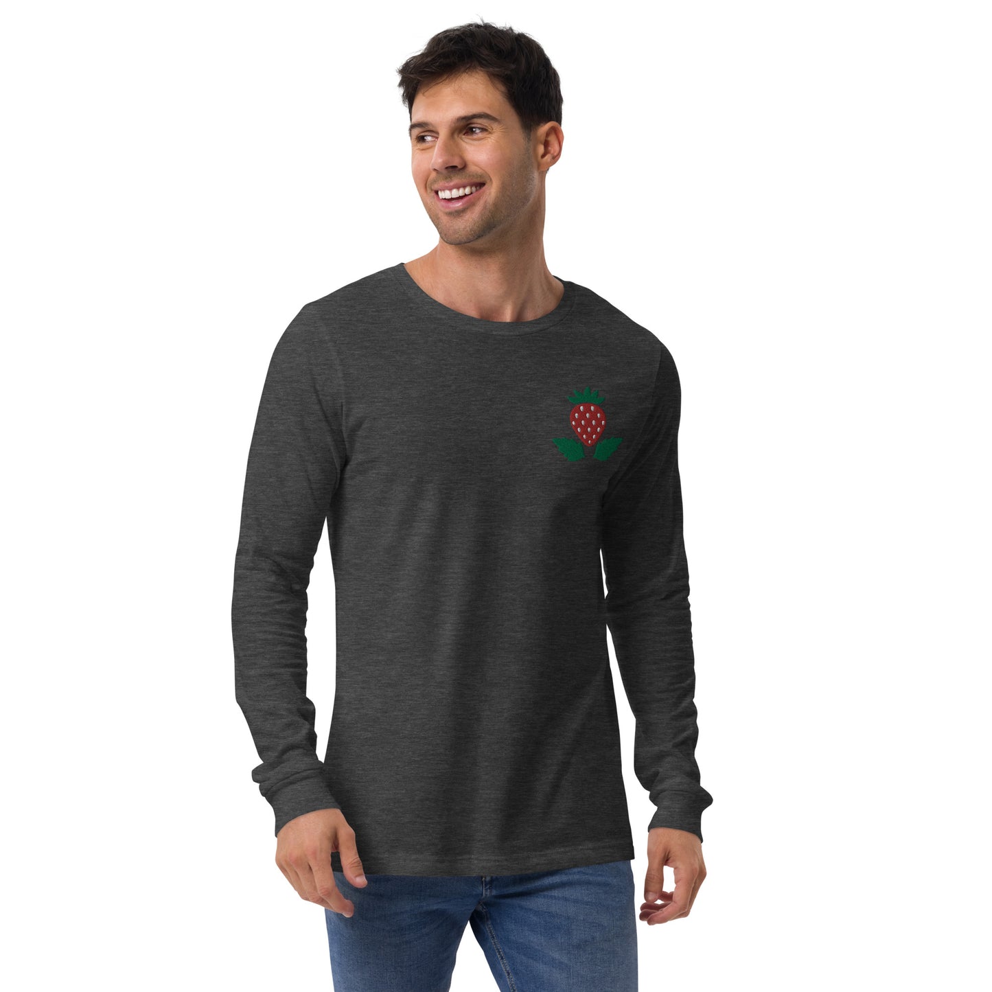 Unisex Long Sleeve Tee Strawberry Embroidery for Man