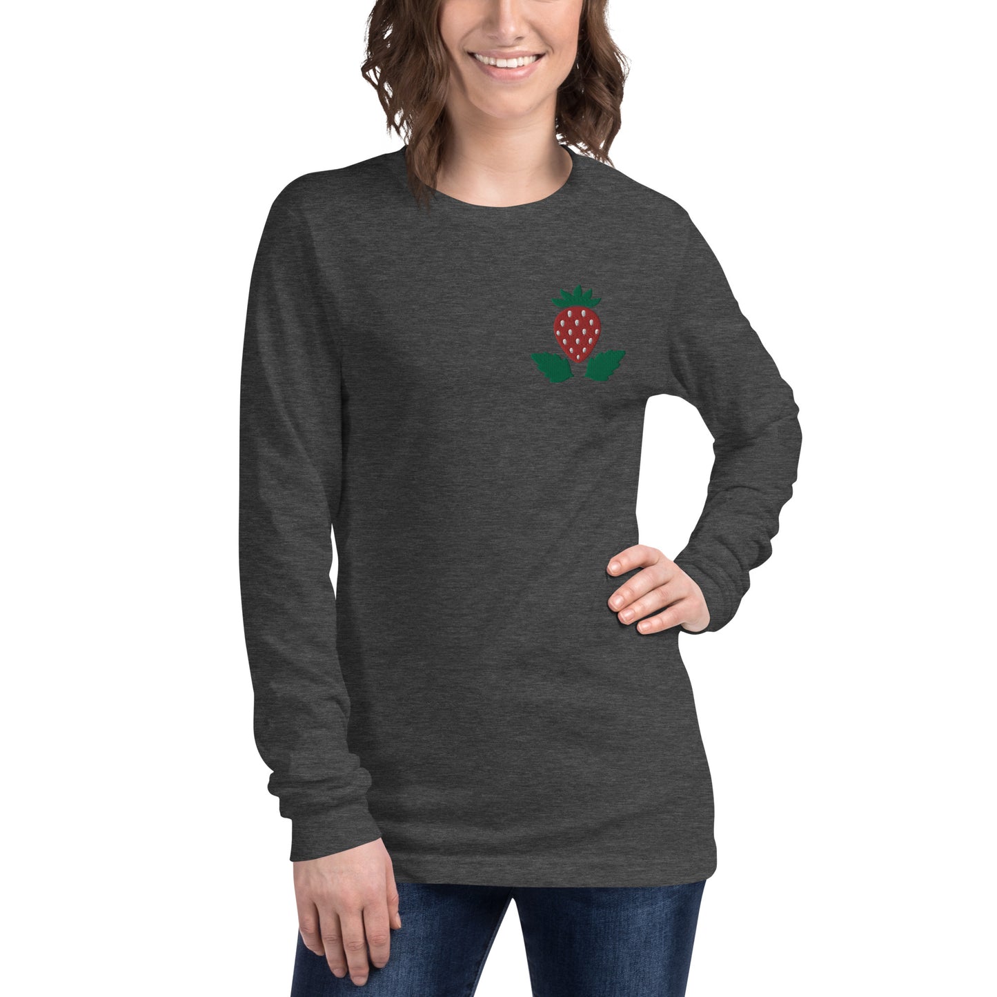 Unisex Long Sleeve Tee Strawberry Embroidery for Woman