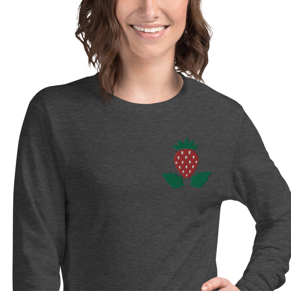 Unisex Long Sleeve Tee Strawberry Embroidery for Woman