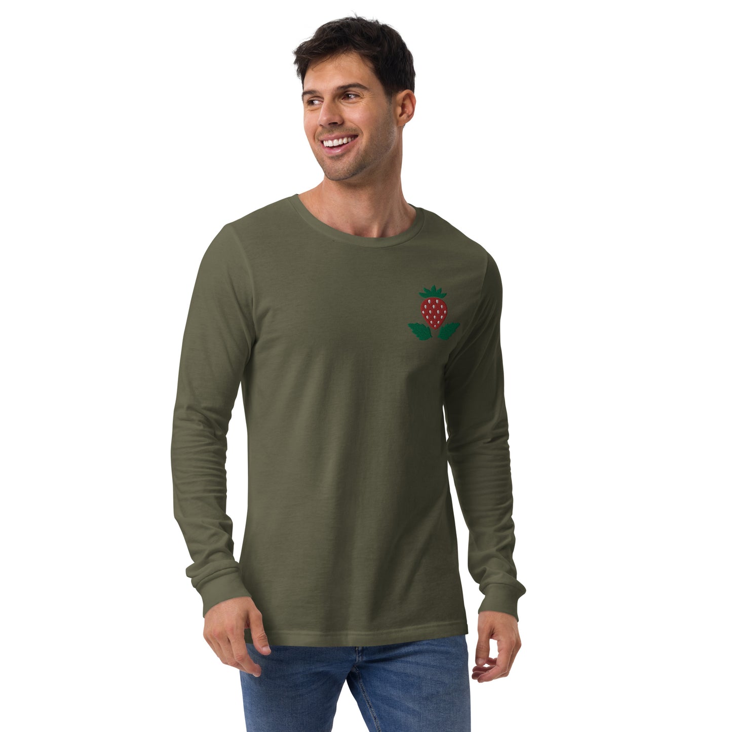 Unisex Long Sleeve Tee Strawberry Embroidery for Man