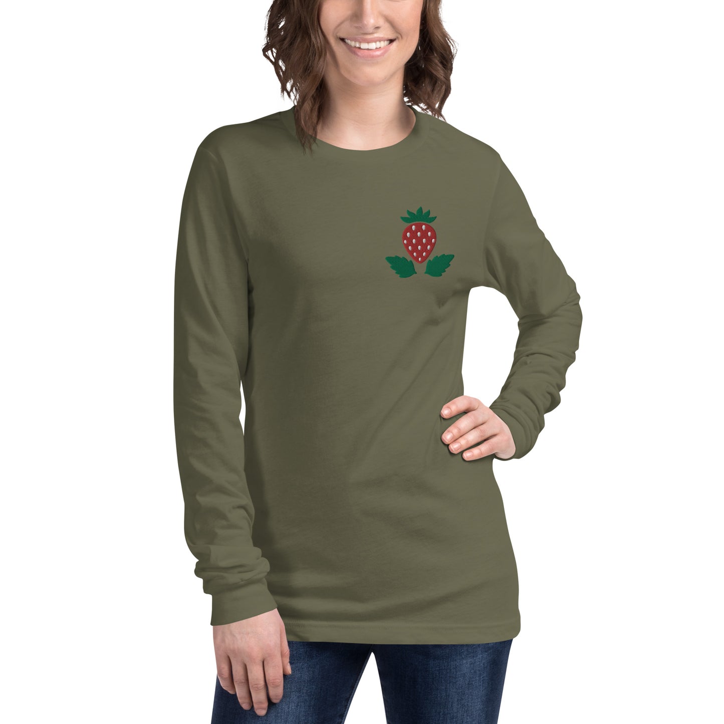 Unisex Long Sleeve Tee Strawberry Embroidery for Woman