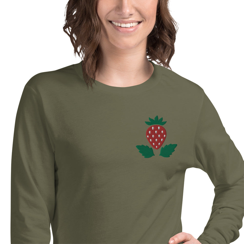 Unisex Long Sleeve Tee Strawberry Embroidery for Woman