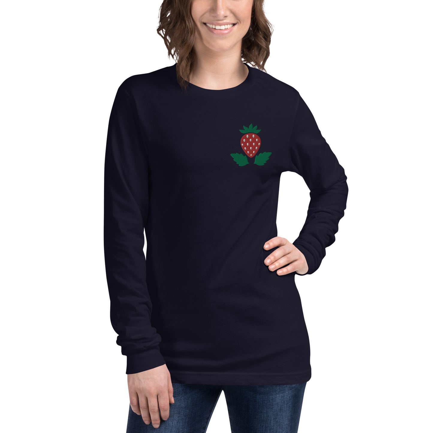 Unisex Long Sleeve Tee Strawberry Embroidery for Woman
