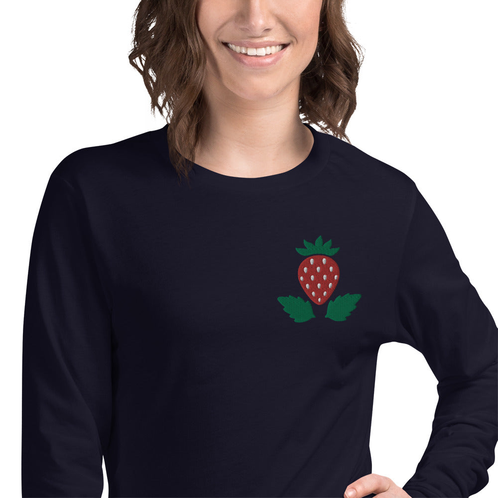 Unisex Long Sleeve Tee Strawberry Embroidery for Woman