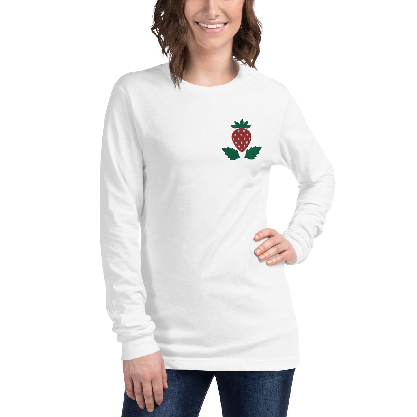 Unisex Long Sleeve Tee Strawberry Embroidery for Woman