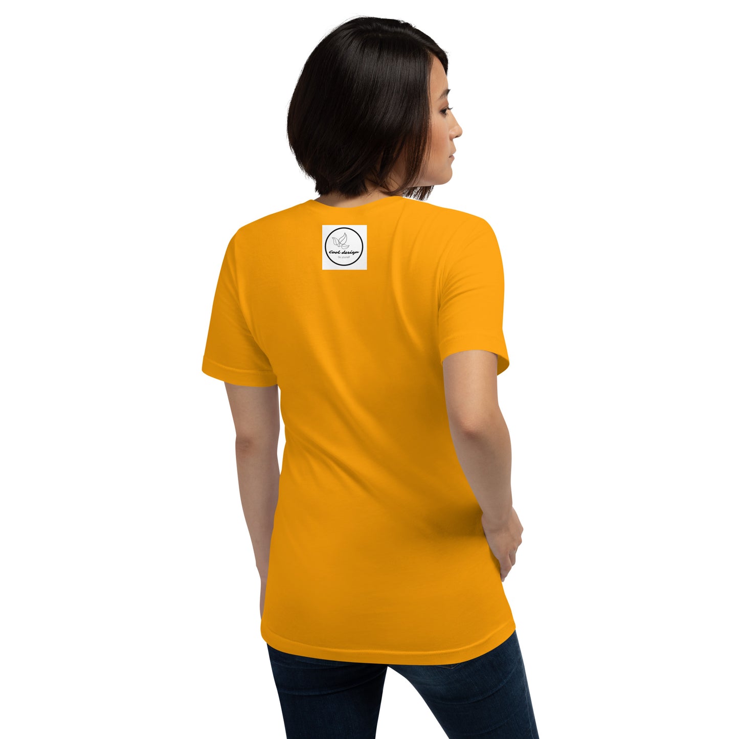a woman in a yellow shirt standing on a bench