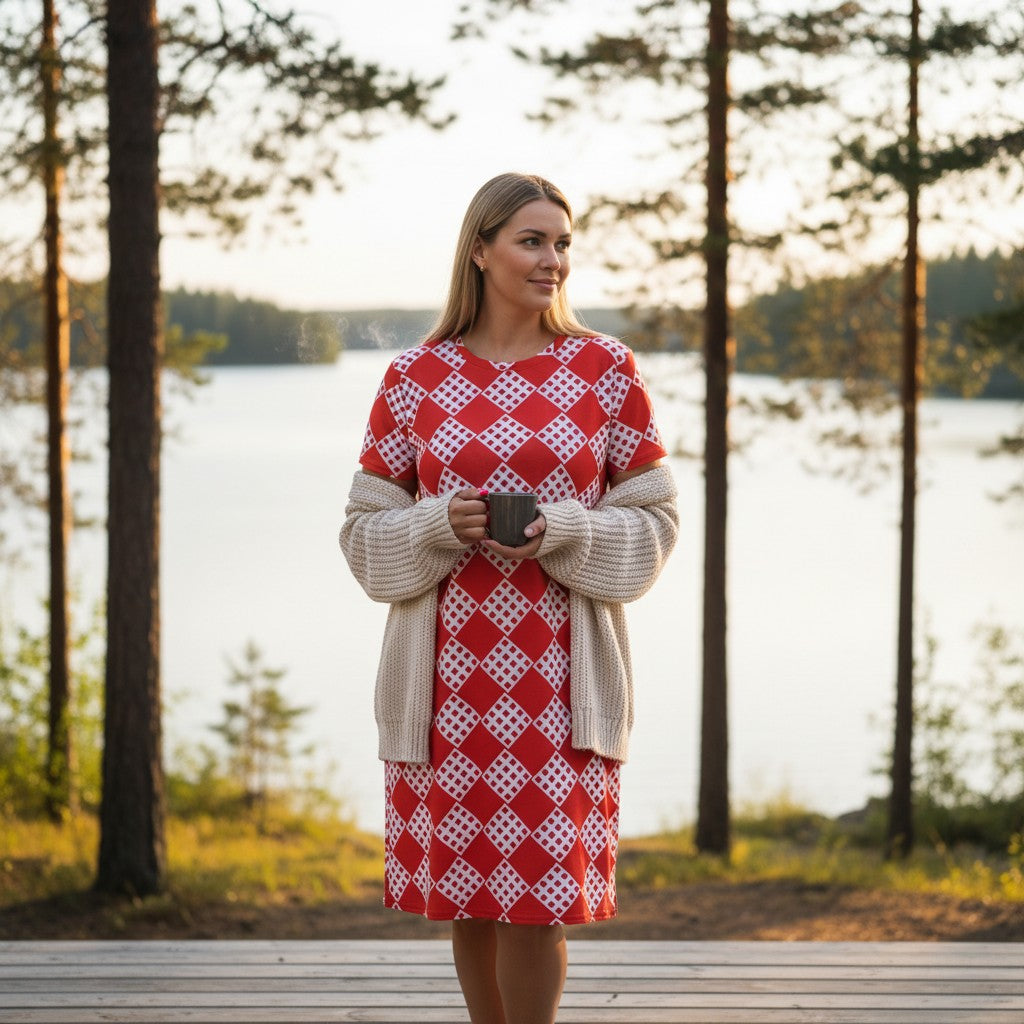 Red and White Diamond Pattern T-Shirt Dress  | All-Over Print