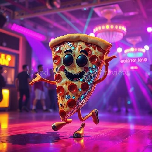 A dancing slice of pizza character with a smiling face and disco mirror tiles, set in a vibrant, neon-lit nightclub or dance floor environment. Greeting card, good wishes card. 
