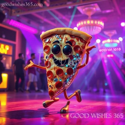 Animated dancing pizza slice character with a colorful background, greeting card, good wishes card, 
