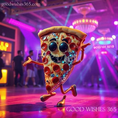 Animated dancing pizza slice character with a colorful background, greeting card, good wishes card, 