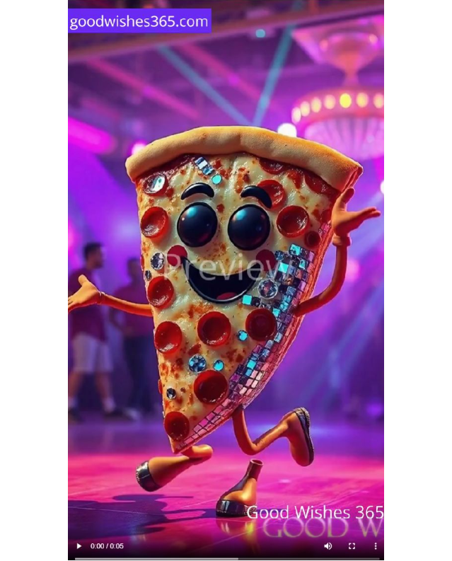 A 3D-rendered slice of pizza with a dancing pose, large glossy eyes, a smiling mouth, and a disco-ball patterned body, set against a purple and pink party background. The image includes visible 'GoodWishes365.