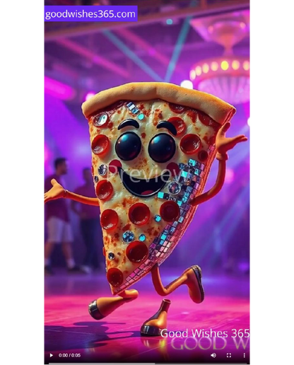 A 3D-rendered slice of pizza with a dancing pose, large glossy eyes, a smiling mouth, and a disco-ball patterned body, set against a purple and pink party background. The image includes visible 'GoodWishes365.