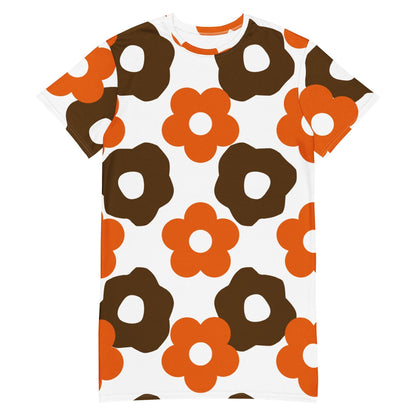 Good Wishes 365 white t-shirt dress with an all-over orange and brown floral print. Relaxed fit with drop shoulders.
