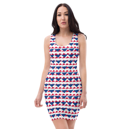 All-Over Print Bodycon Dress Geometric Triangles Dark Cerulean/Crimson