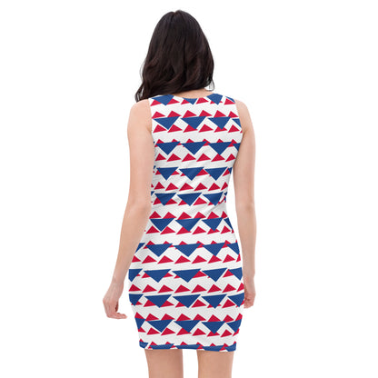 All-Over Print Bodycon Dress Geometric Triangles III Dark Cerulean/Crimson