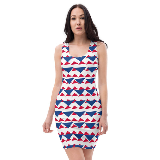 All-Over Print Bodycon Dress Geometric Triangles III Dark Cerulean/Crimson