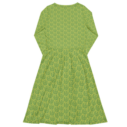 All-over Print Leaf Pattern Long Sleeve Midi Dress Green