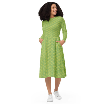 All-over Print Leaf Pattern Long Sleeve Midi Dress Green
