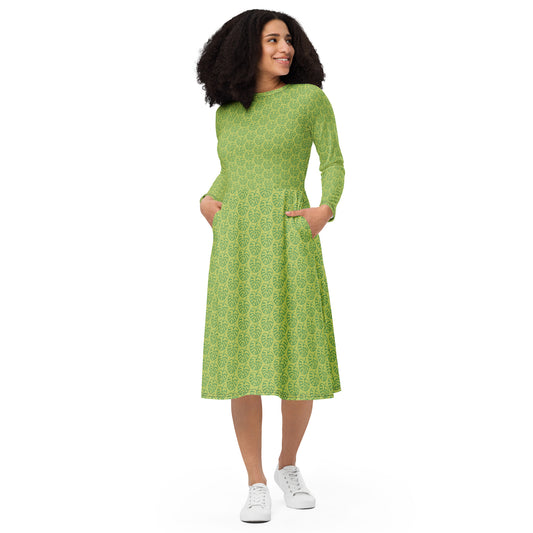 All-over Print Leaf Pattern Long Sleeve Midi Dress Green