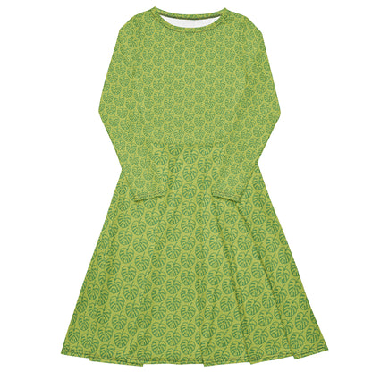All-over Print Leaf Pattern Long Sleeve Midi Dress Green