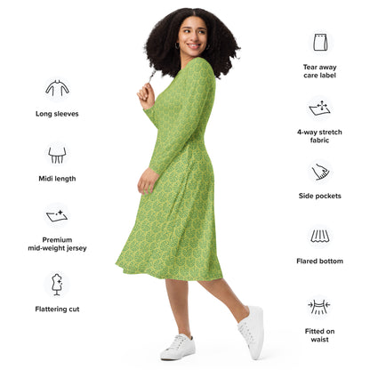 All-over Print Leaf Pattern Long Sleeve Midi Dress Green
