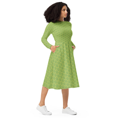 All-over Print Leaf Pattern Long Sleeve Midi Dress Green