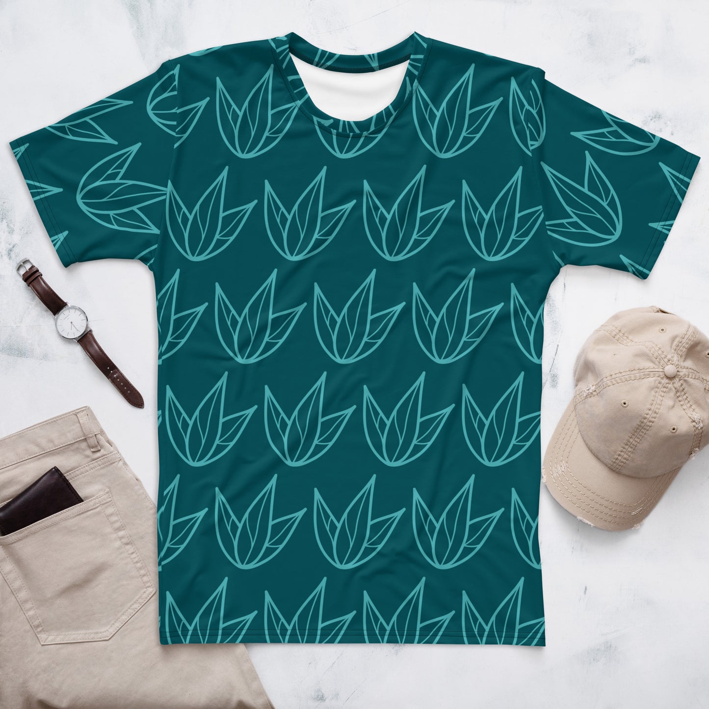 All-Over Print Men's Crew Neck T-Shirt Viking Color Three-Leaves Flowers Sherpa Blue