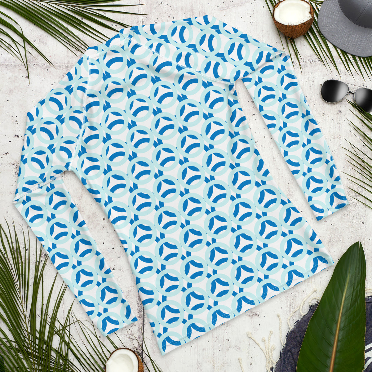 Men's All-Over Print Rash Guard Circle Thick Light Cyan and Navy Blue