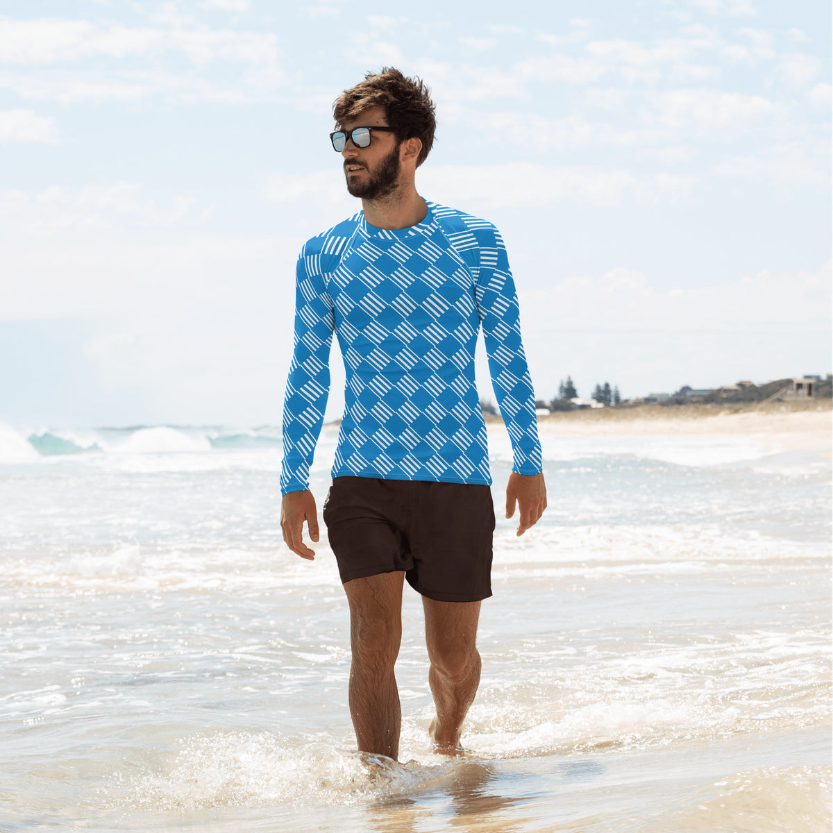 Men's All-Over Print Rash Guard Love Pattern Stripes Diamonds Navy Blue