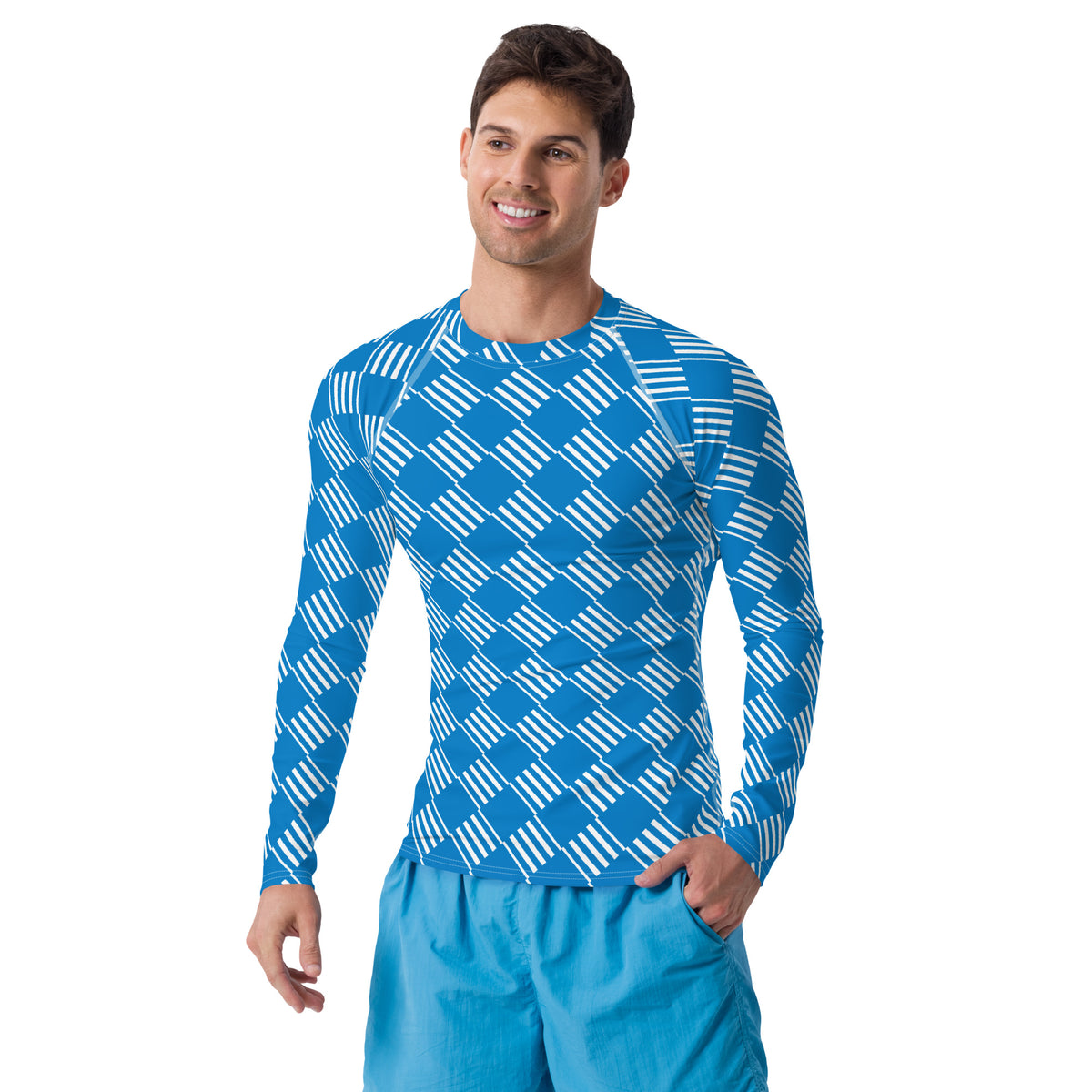 Men's All-Over Print Rash Guard Love Pattern Stripes Diamonds Navy Blue