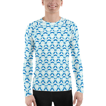 Men's All-Over Print Rash Guard Circle Thick Light Cyan and Navy Blue